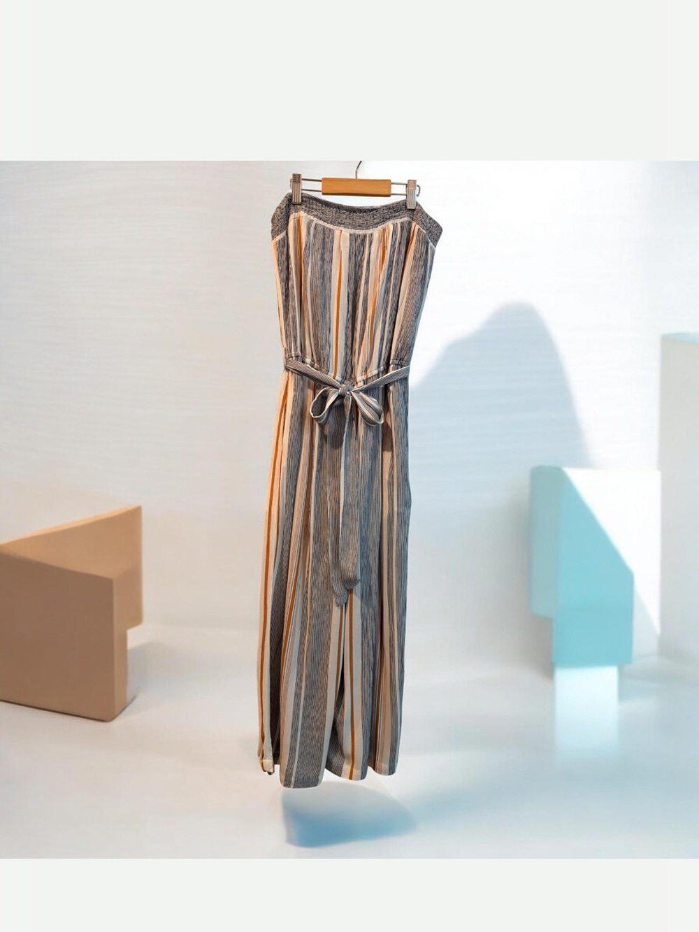 Striped Wide-Leg Jumpsuit with Tie Belt - Gray & mustard